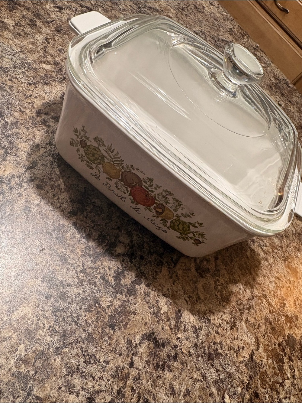 Corningware White Casserole with Floral and Fruit Decal and Glass Lid